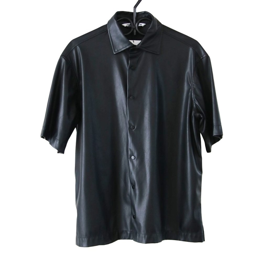 Zara man black faux leather short sleeve shirt